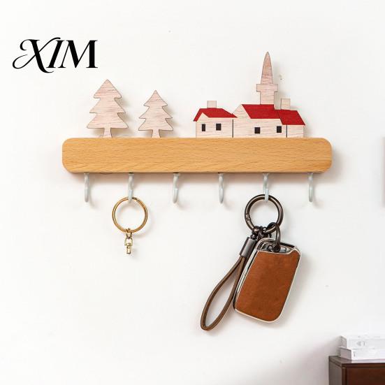 Multi Purpose Wall Mount Rack Key Holder with 6 Hooks, Solid Wood Entryway Organizer Rack, Decorative Hooks for Home Mounted Space Saving Hook