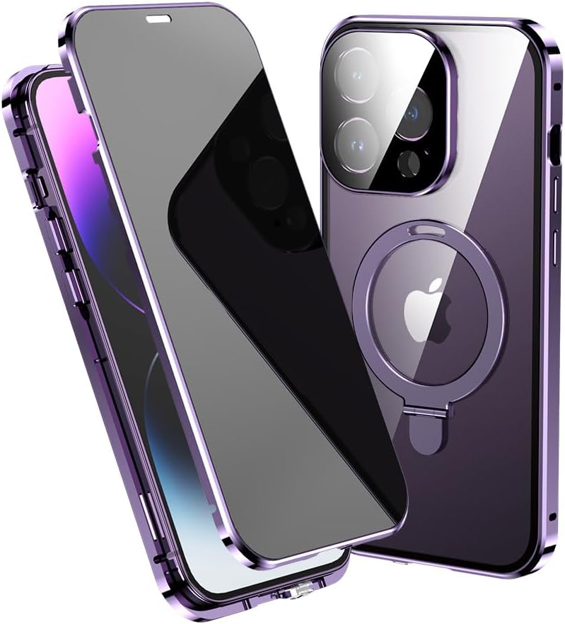 For iPhone 16 15 14 Pro Max Anti-Peeping Metal Frame Double Sided Protection Magnetic Case Privacy Screen Lens Protector Stand