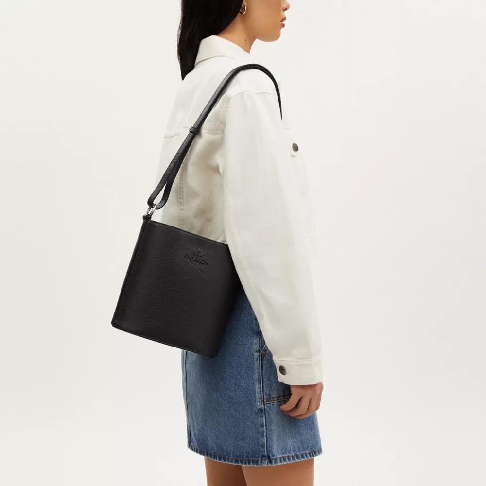 New COACH Pebbled Leather Bucket Bags Crossbody Bag, Shoulder Bag Trumpets Women's Silver & Black CR153-SVBK