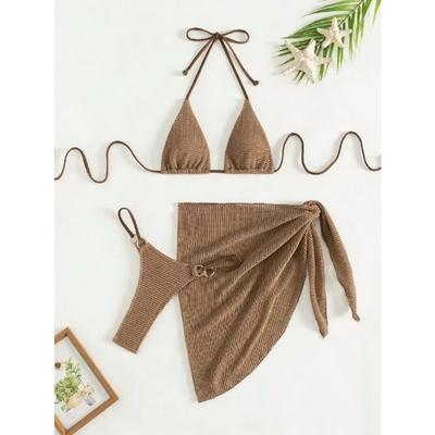 Sexy hnědá bikiny sada 2025 Dámský halter push-up podprsenka Sukně 3dílné plavky Letní plavky Krycí tanga Plavky Biquini