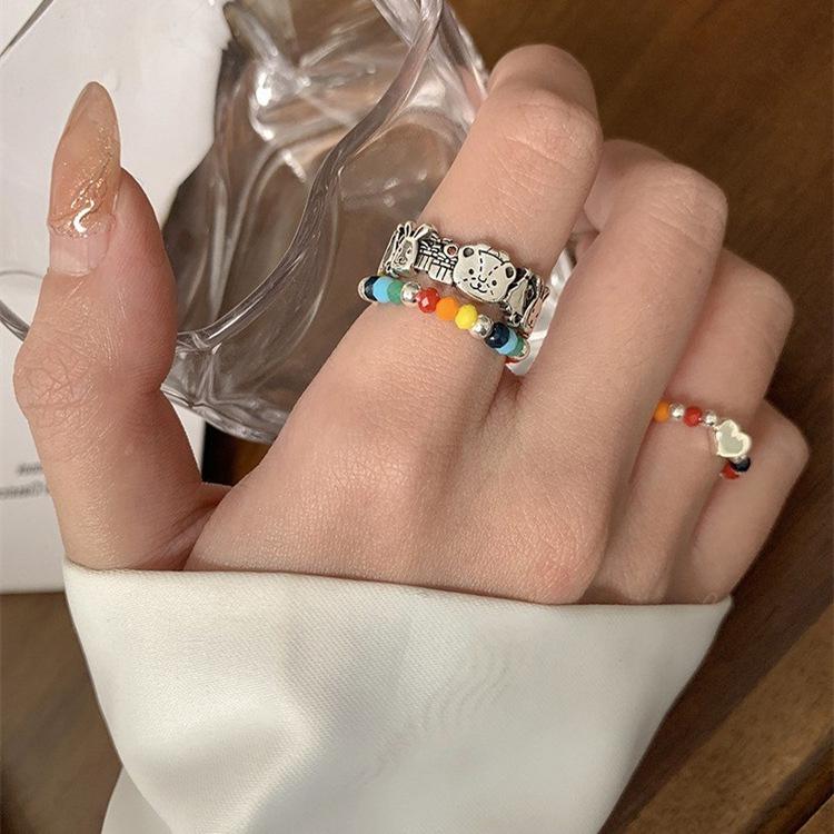 Women's S925 Silver Animal World Open Ring: Little Bear, Rabbit, Christmas Tree Design