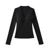 Women's V-Neck Long-Sleeve Base Layer Top with Chest Pads – Slimming, Sexy, and High-end Design for Autumn and Winter