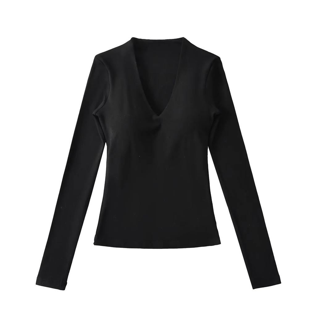 Women's V-Neck Long-Sleeve Base Layer Top with Chest Pads – Slimming, Sexy, and High-end Design for Autumn and Winter