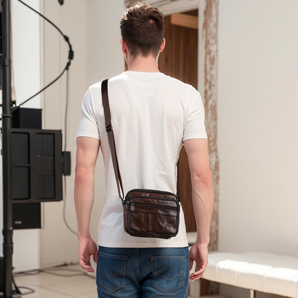 Men's Genuine Leather Crossbody Bag - Lychee Grain Cowhide, Casual and Stylish Single Shoulder Bag