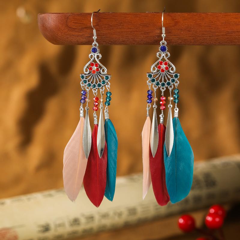 Vintage Ethnic Bohemian Crystal Beads Handmade Feather Tassel Women Earrings Long Drop Dangle Boho Jewelry Pendientes Mujer