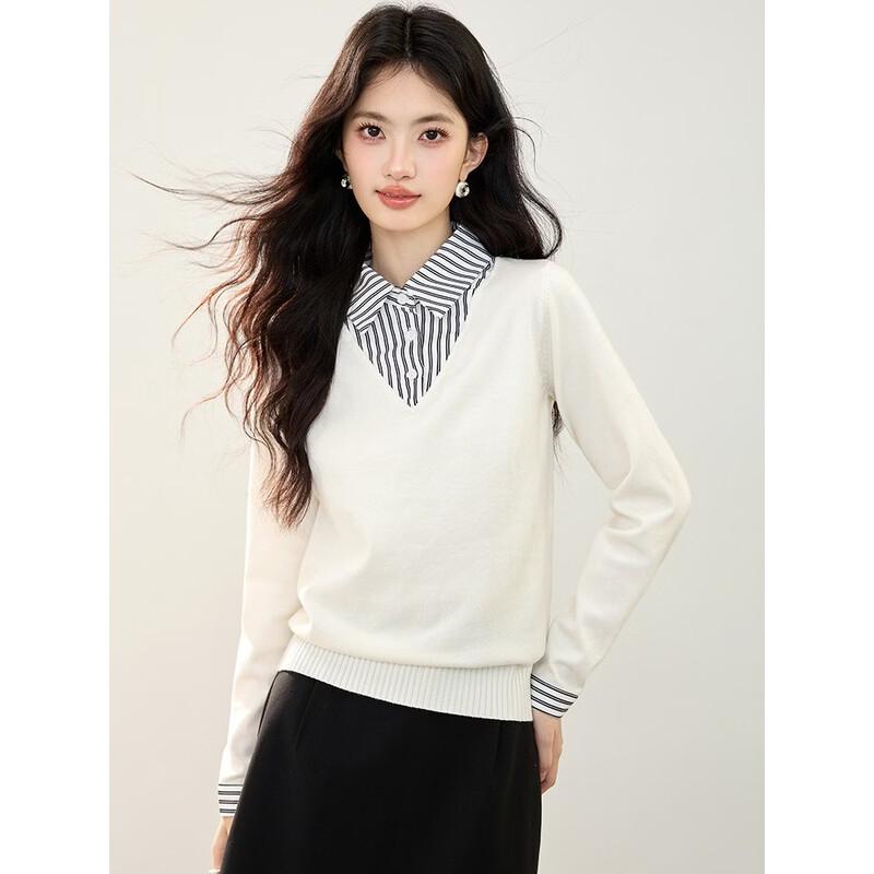 La Chapelle Women's Striped Faux Two-Piece Long Sleeve T-Shirt