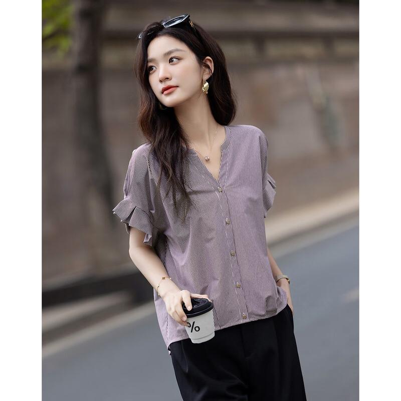 Demana Women's 100% Cotton V-Neck Ruffle Sleeve Blouse