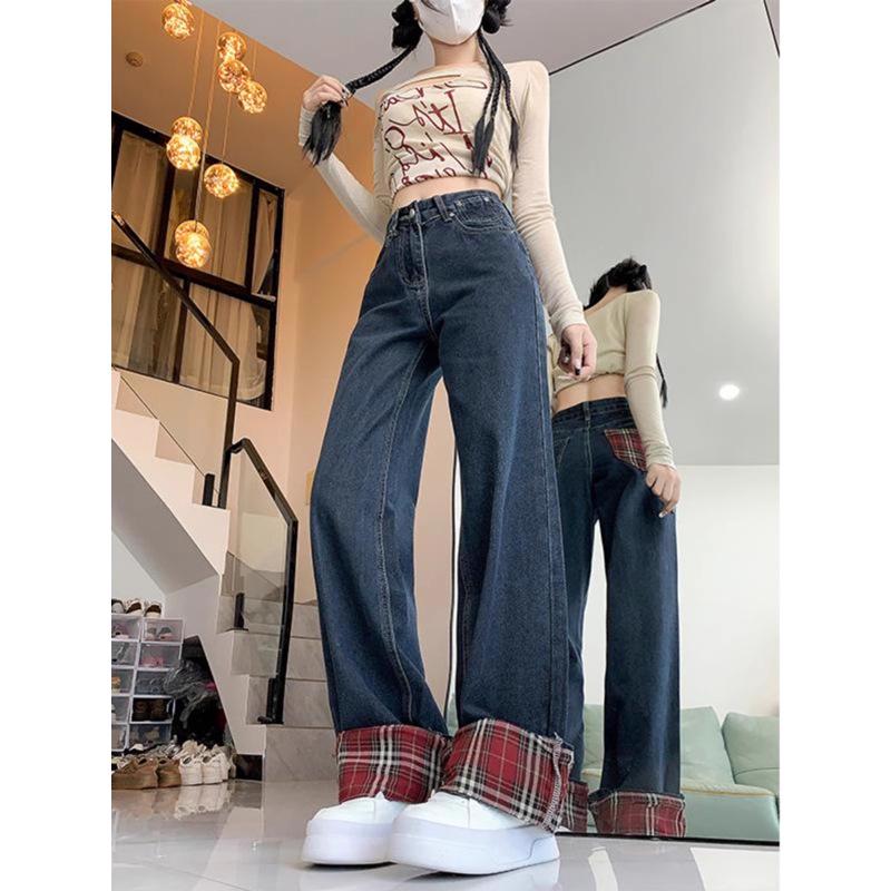 Women's Dark Blue Plaid Patchwork High-Waist Wide-Leg Jeans - Plus Size, Loose Fit, Slimming, Pear-Shaped, Autumn Style