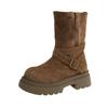 Ancient Old Suede Piled Boots Women'S Pointed Head Low Heel Belt Buckle Western Medium Boots Lazy Pleated Sleeve Trouser Tube Boots