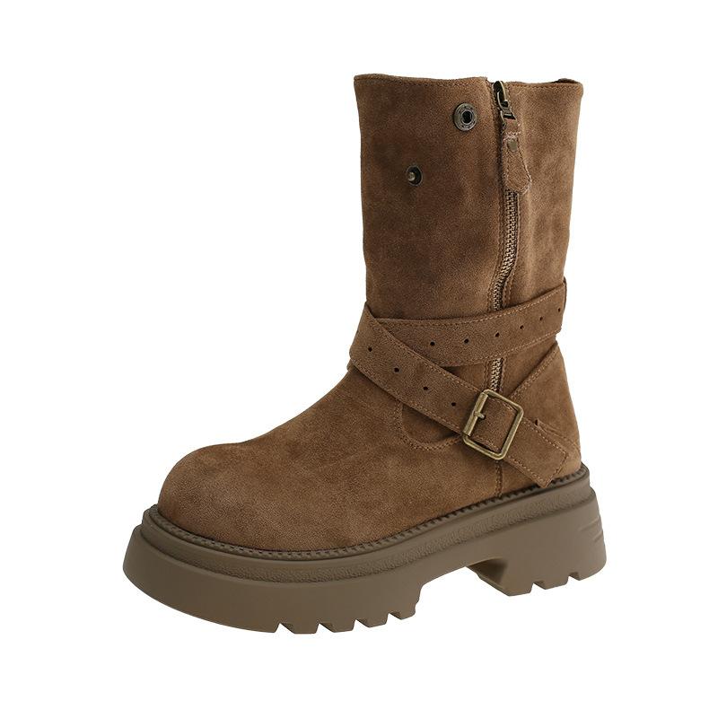 Ancient Old Suede Piled Boots Women'S Pointed Head Low Heel Belt Buckle Western Medium Boots Lazy Pleated Sleeve Trouser Tube Boots