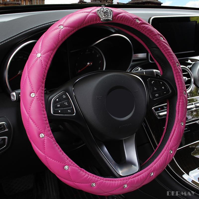 Upscale Crystal Crown Coverd Women Car Steering- Wheel Braid Luxurious Diamond PU Leather Steering Wheel Cover Diameter 38cm