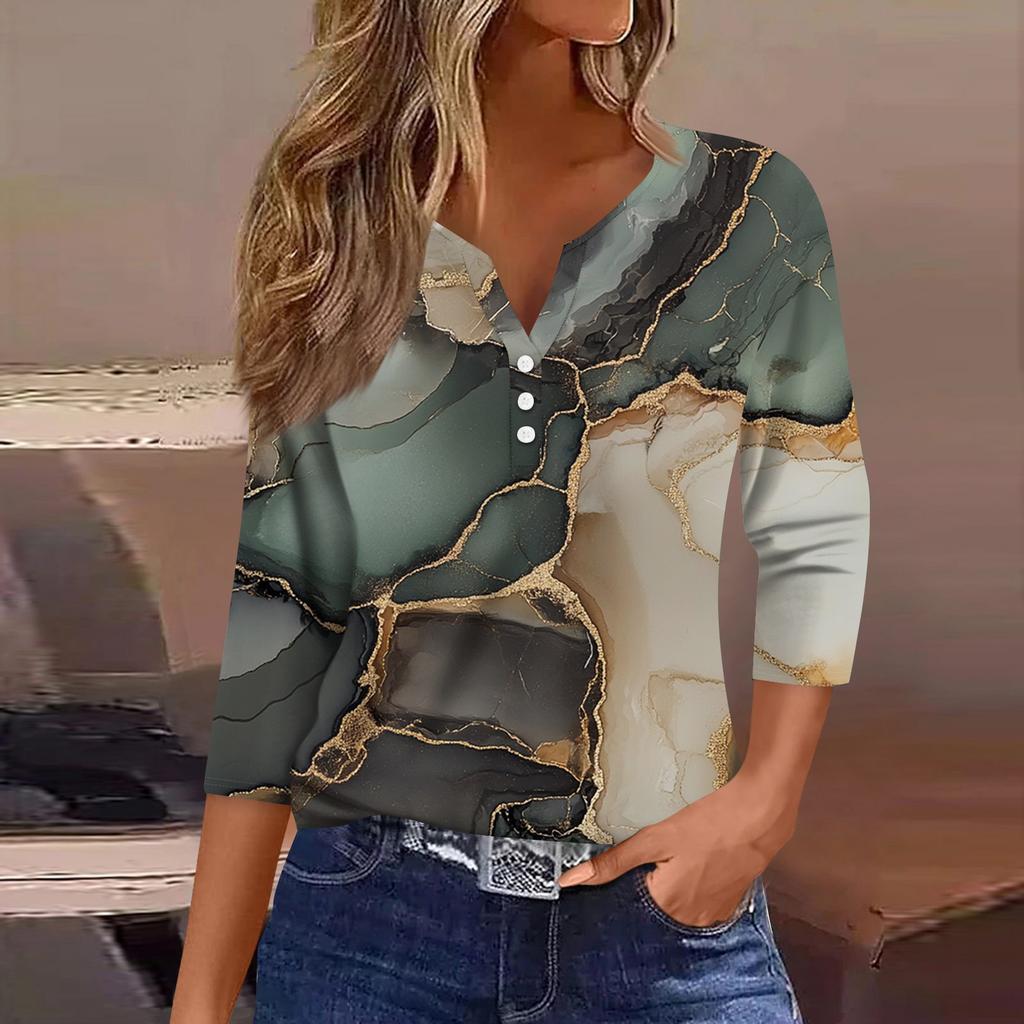 T-shirt da donna T-shirt stampata con bottoni manica a 3/4 Top regolare alla moda quotidiana per il fine settimana, basic con scollo a V
