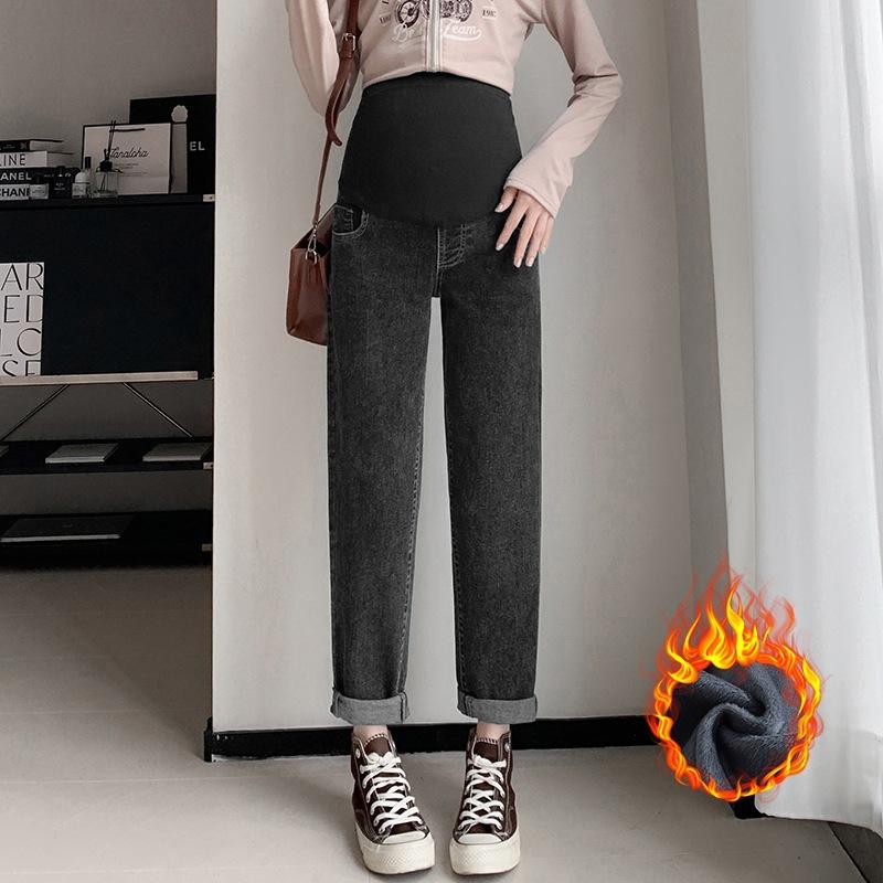 8 Pregnant women fleece elastic jeans Winter dad pants Thickened thermal belly support pants Casual trousers outside