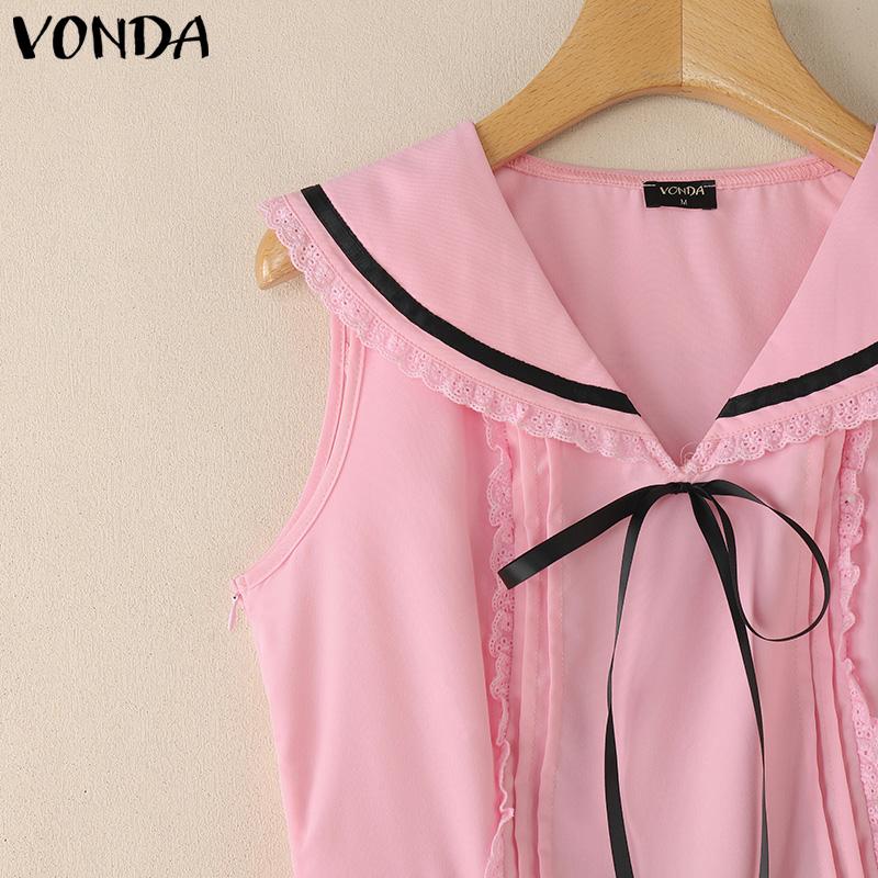 VONDA Women Naval Collar Sleeveless Crochet Hem Slim Waist Pleated Dress