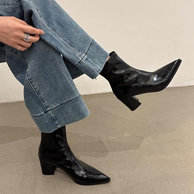Fashion Street Style Pointed Toe Elastic Slim Women Ankle Boots Design Thick Heel Short Booties Autumn Winter Ladies Shoes