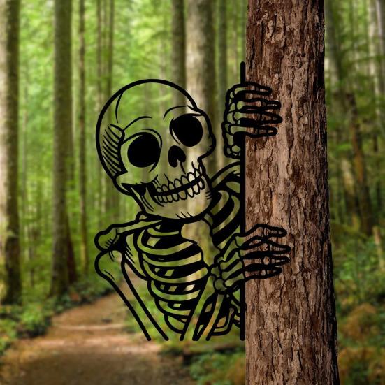 Peeking Skeleton Yard Sign Metal Skeleton Silhouette Decoration Garden Halloween Decor Skeleton Sign for Haunted Yard Porch Tree Fence Post cm