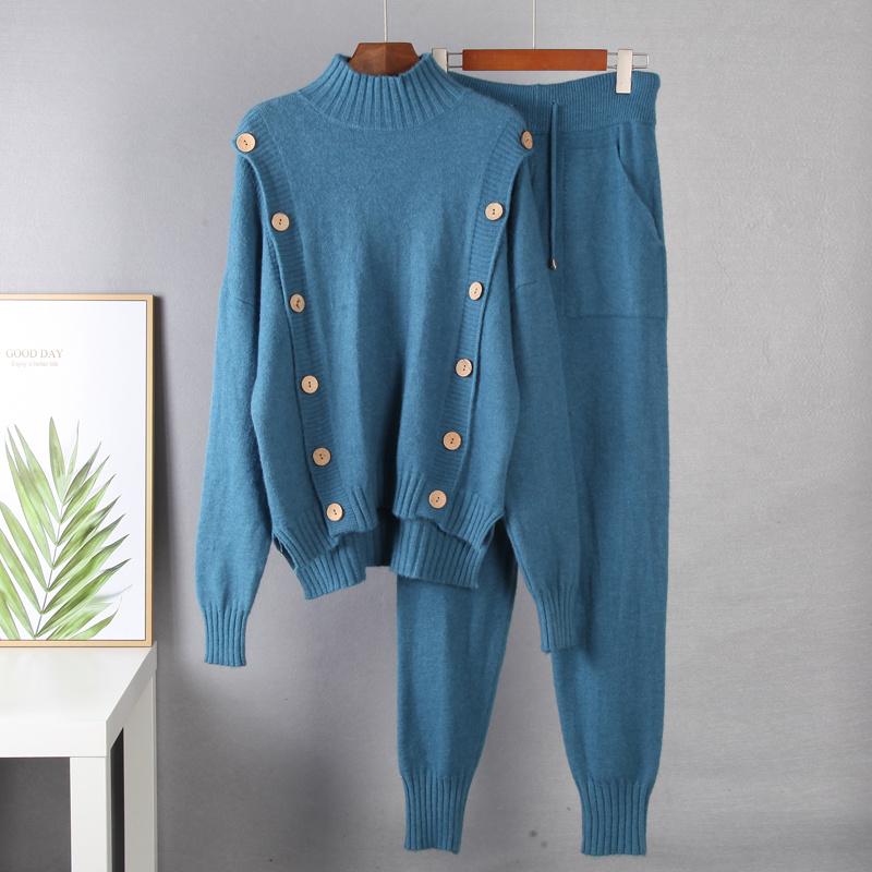 Hirsionsan Ležérní měkká pletená souprava Dámské 2021 Podzim Zima Svetr & Mrkvové kalhoty 2 kusy Dámský outfit Tepláky Haremové kalhoty