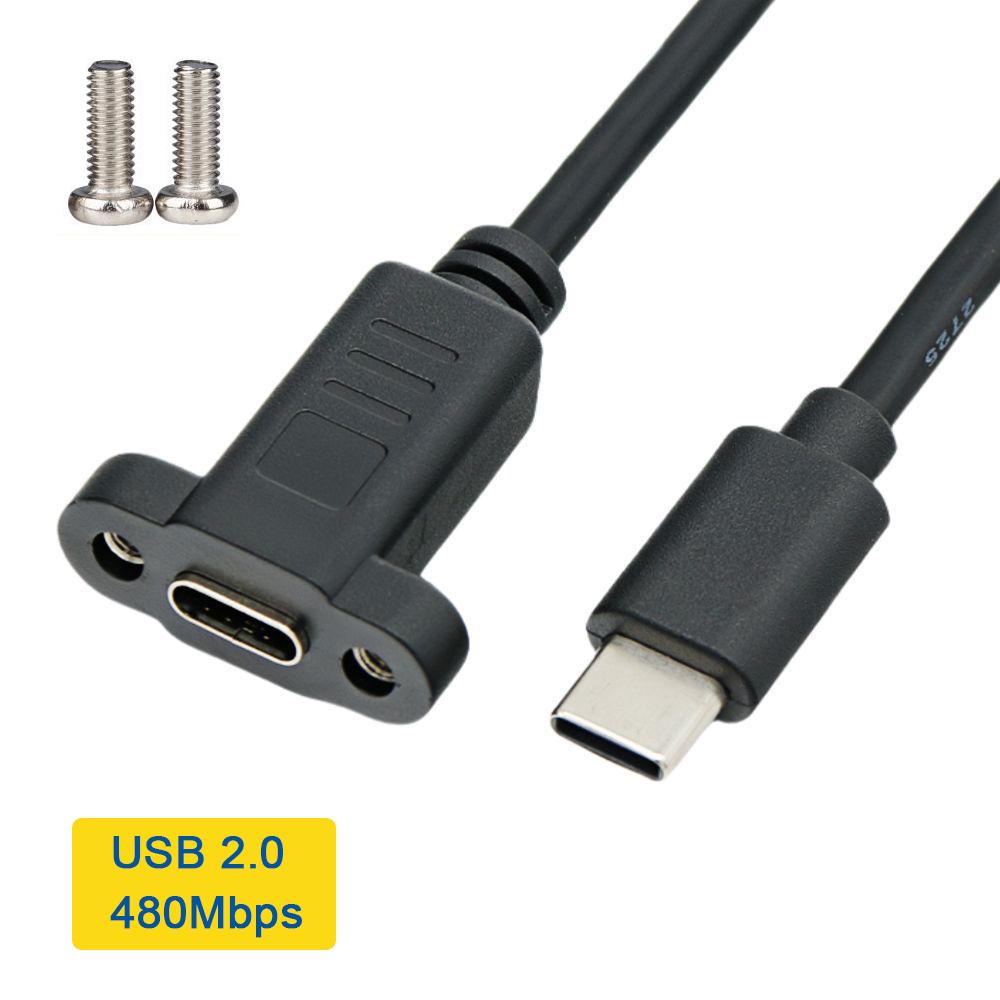 USB Type C Male To Female Extension Cable With Screw Holes Panel Mount 17mm Pitch Data Transfer Charging Cord For Industrial Equipment Monitor