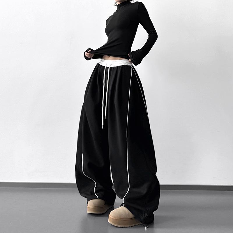 Women s High Waist American-Style Wide Leg Sweatpants - Drawstring, Loose Fit, Cuffed, Spring/Winter XL