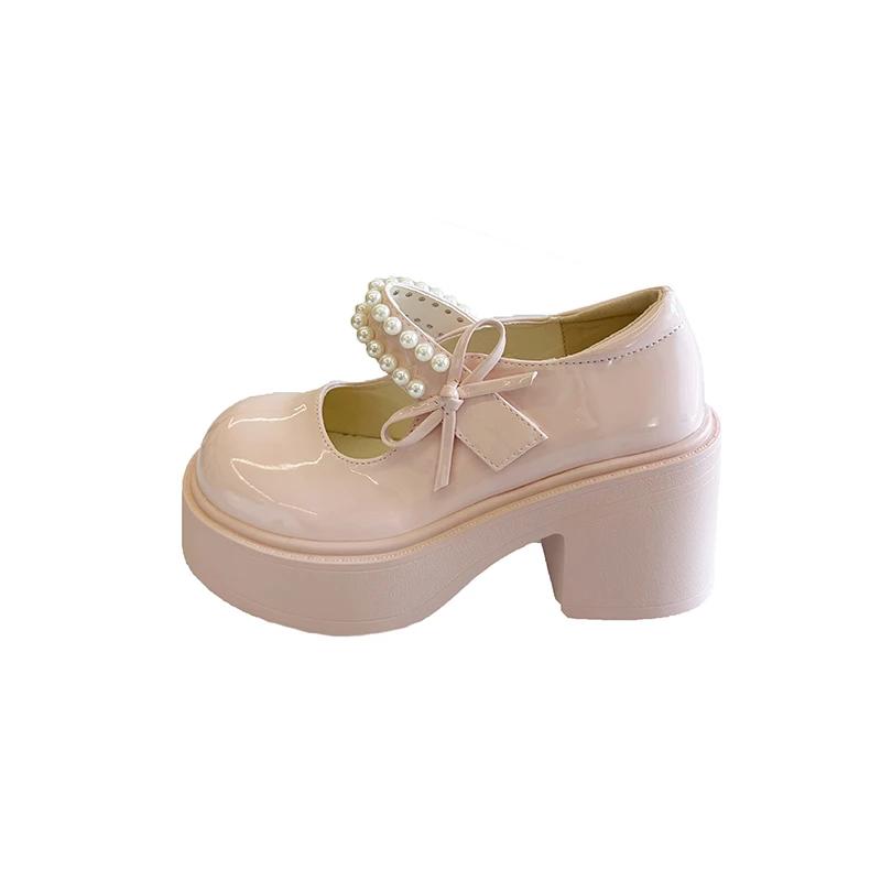 

Женская обувь в стиле Лолита 2025 Французская с жемчужным бантом, круглый носок, массивный каблук, туфли Мэри Джейн, женская обувь на высоком каблуке и толстой подошве 40 розовый