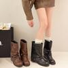 Autumn Winter Women Western Cowboy Boots Fashion Belt Buckle Thick Heel Shoes Ladies Vintage Pleated Short Booties