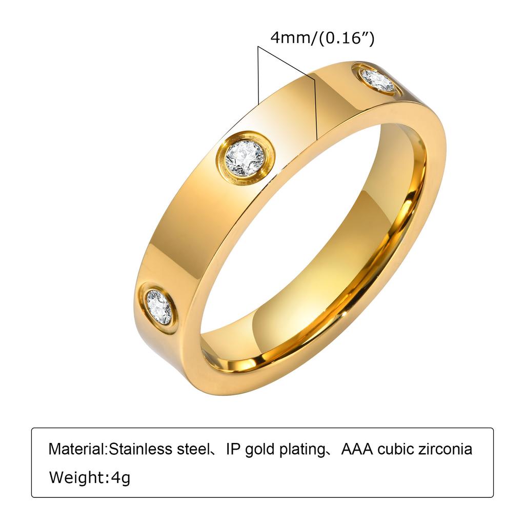 4mm 6mm Luxury Cubic Zircon Stainless Steel Ring for Women Men, Gold Plated Chunky Waterproof Finger Jewelry for Lover Size 5-12