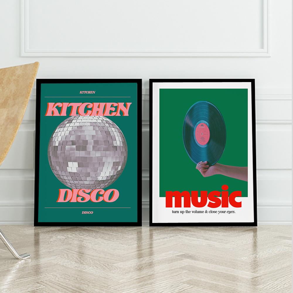 Eclectic Disco Kitchen Music Dance Poster and Prints Vintage Typography Wall Art Picture Canvas Painting Bar Living Room Decor (with Frame)