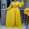 Women Pleated Jumpsuits Rompers Elegant V Neck Long Sleeve Plus Zize Floor Length Party Rompers Clothe Women Pants