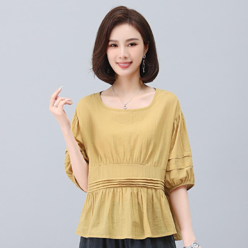 

Женский топ из чистого хлопка с короткими рукавами-буфами в французском стиле, облегающий талию L жёлтый