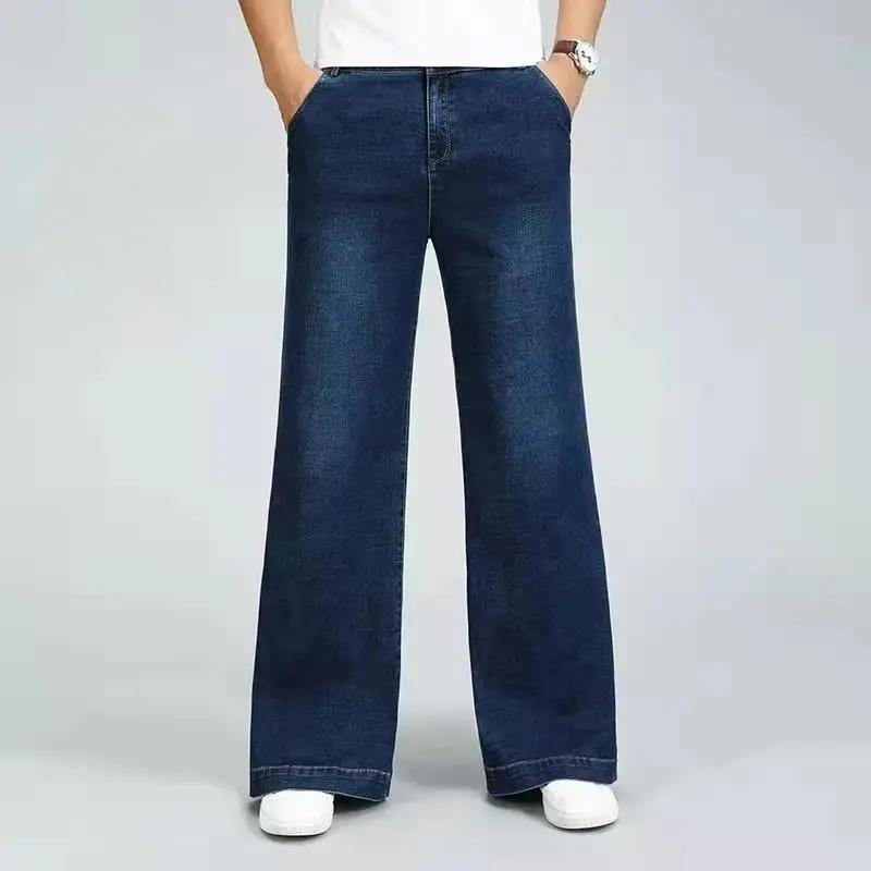 Spodnie dżinsowe z wysokim stanem, z prostymi nogawkami, z szerokimi nogawkami, mikro-rozszerzane, jesienne, grube, luźne, dżinsy z prostymi nogawkami dla mężczyzn, do wszystkiego