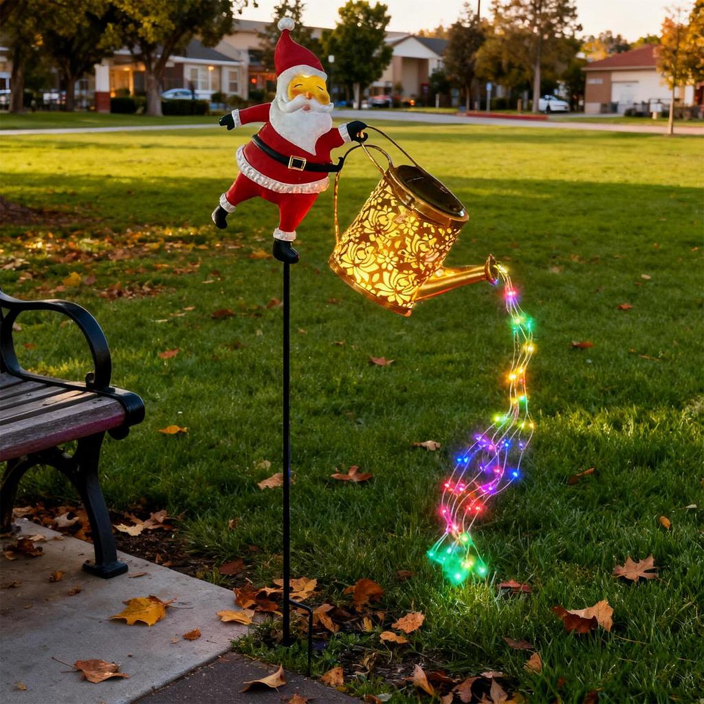 Santa Claus Solar Watering Can Lights Christmas Outdoor Outside Hanging Lantern with Stake