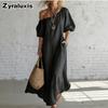 Abito Maxi alla Moda Stile Vacanza Monospalla in Lino con Maniche a Bolla Vestibilità Larga Snellente per Donna
