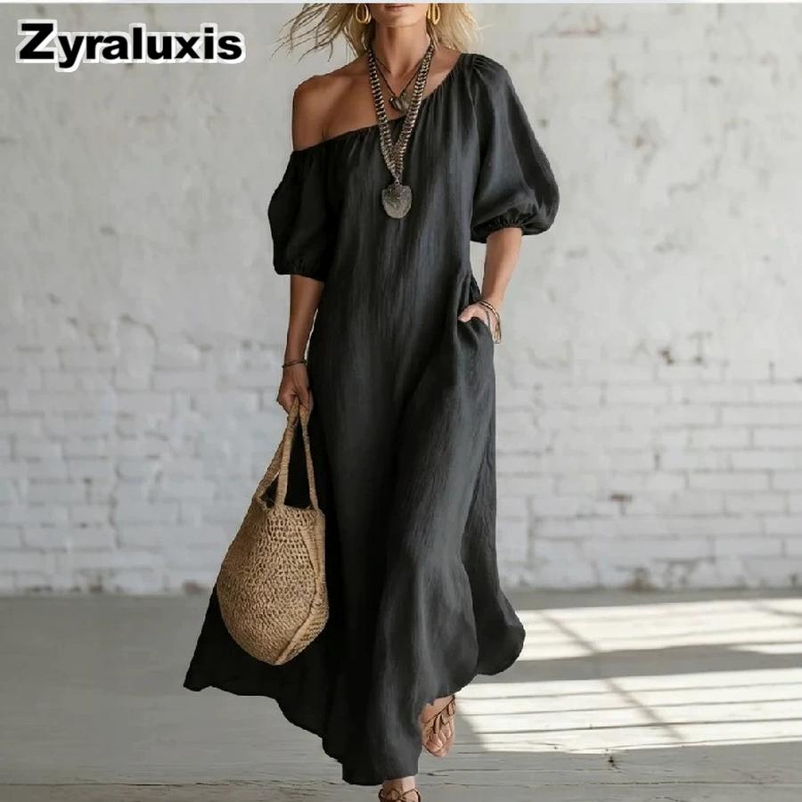 Abito Maxi alla Moda Stile Vacanza Monospalla in Lino con Maniche a Bolla Vestibilità Larga Snellente per Donna