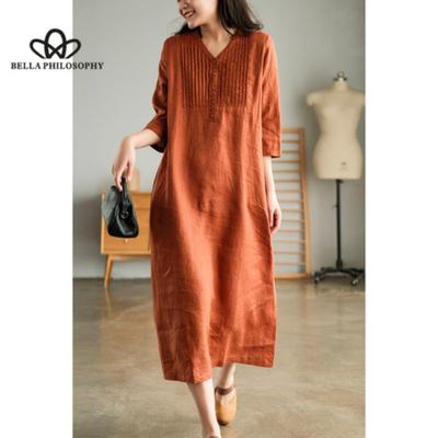 Spring And Summer New Literary Linen Five-point Sleeve V-neck Thin Over The Knee Long Dress