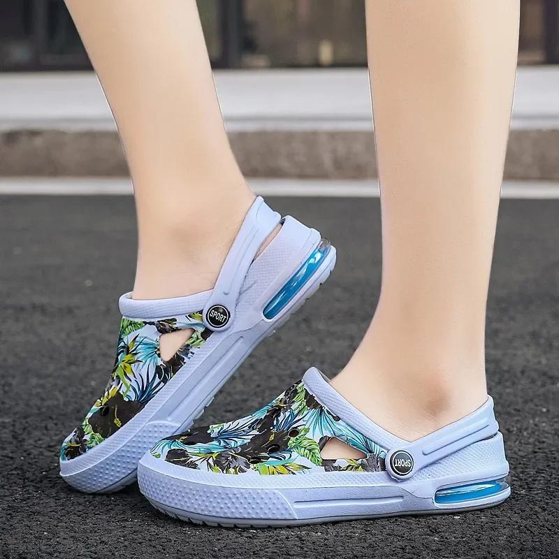 Summer Women Floral Graffiti Clogs Sandals Cute Shoes Men Sandals Couple's  Air Cushion Flat Sandals Slippers Garden Shoes