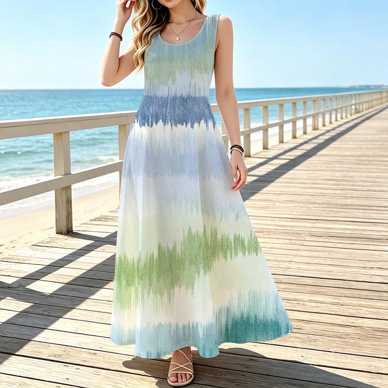 Sleeveless Maxi Dress,Women U Neck Sundress,Gradient Tie Dye Striped Print,Loose A Line Silhouette,Summer Beach Outfit,Flowy Holiday Long Gown