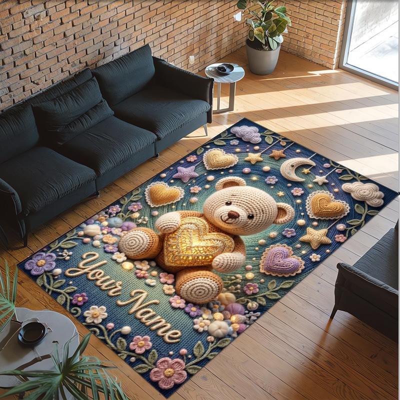Teddy Bear Theme Crystal Velvet Rug Personalized Custom Name Text Soft Floor Mat Home Decor