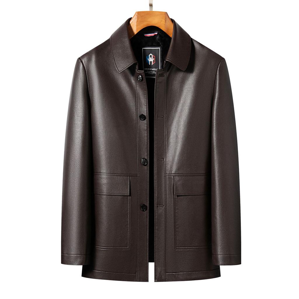 Neue Herbst- und Winterjacken aus echtem Leder für Herren mit mittellangem Revers, Lederjacken für Herren mittleren Alters und ältere Männer, Papas Jacken