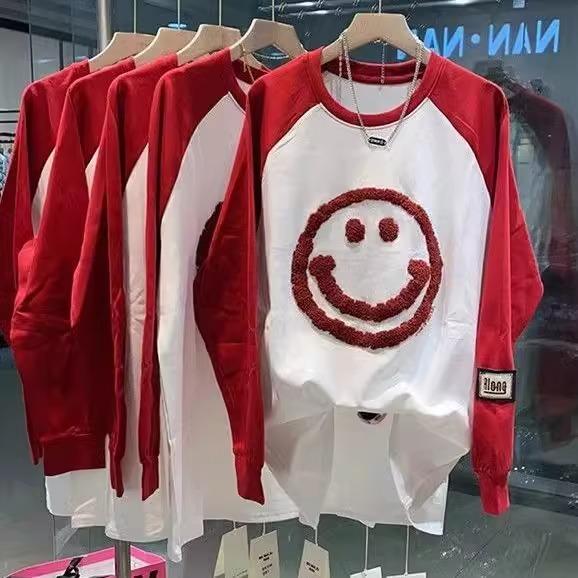 

Большой размер Весна Красный Смайлик Вышитый Длинный Рукав Пуловер Цветной Блок Топ 4XL красный
