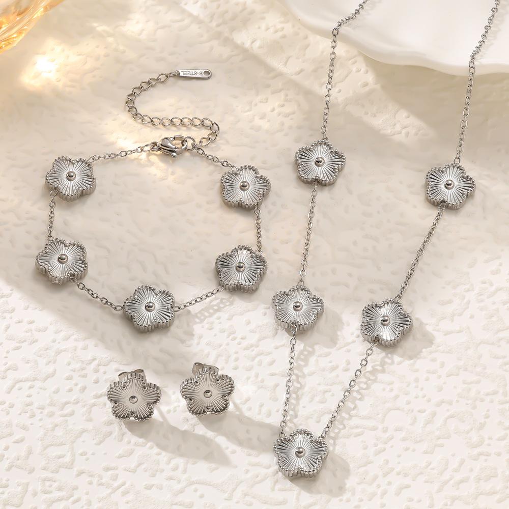 Versatile Trendy Set: Five-Petal Flower & Four-Leaf Clover Jewelry in Laser-Cut Titanium Steel