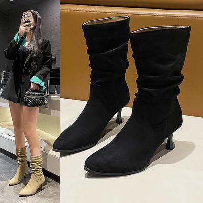 Stövlar Dam Tjocka Ben Tunna Klackar Mellanhöga Klackar Stövlar Men Knäveck Suede Spetsig Pälsklädd Mellanhöga Stövlar Martin Boots