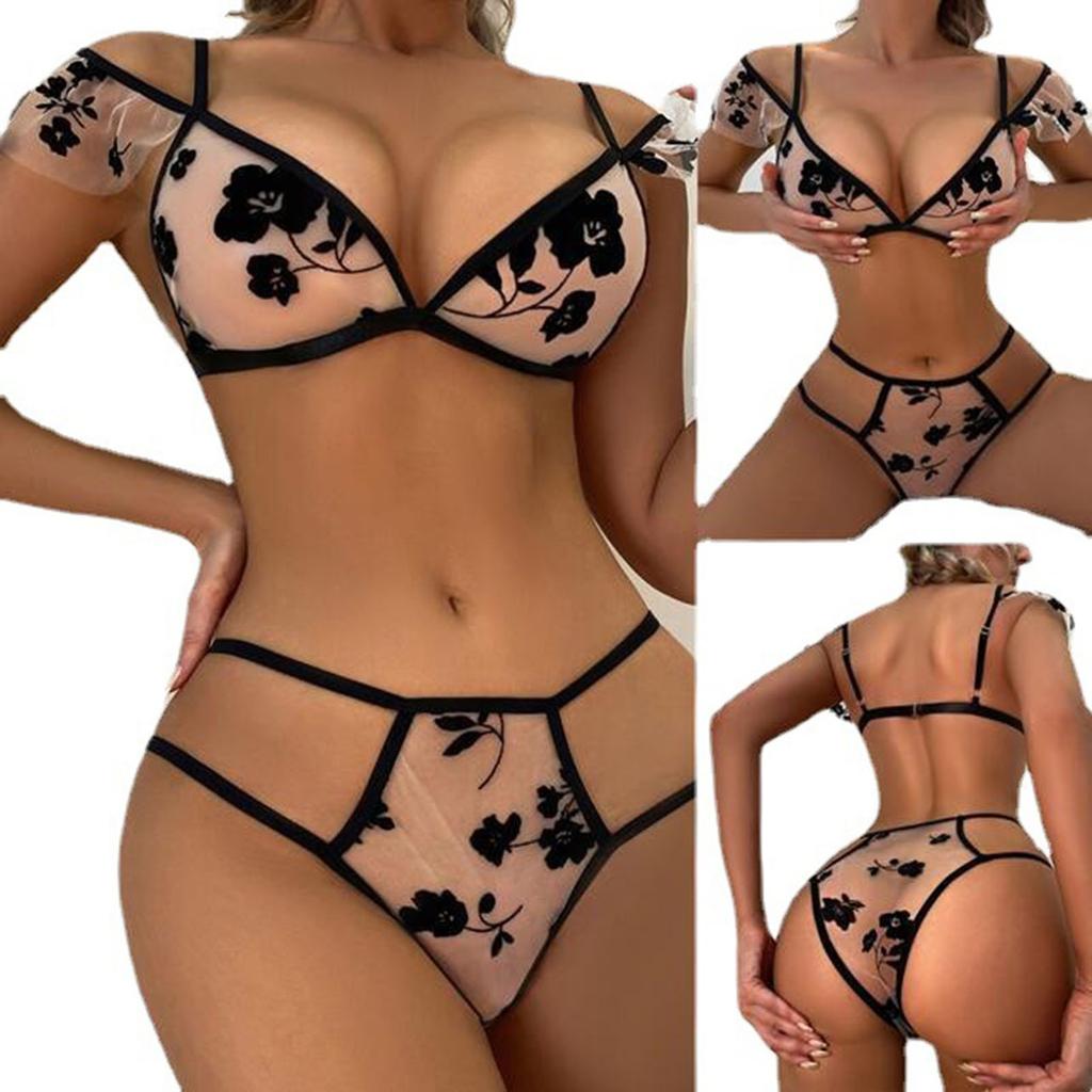 Women Sheer Mesh Lingerie Set Floral Embroidered Mesh Bra and Panty Set Adjustable Straps Mesh Fabric Two Piece Set
