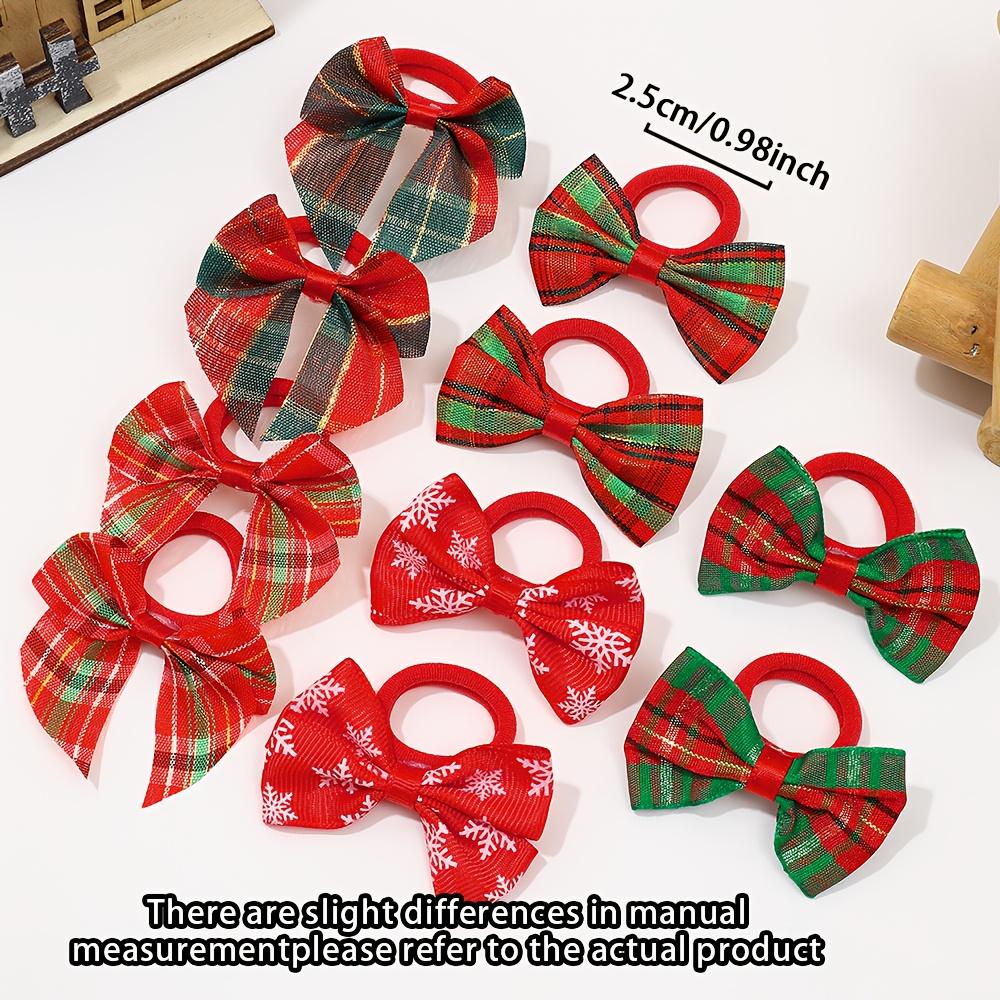 10pcs Christmas Bow Hair Ties - Festive Plaid, Snowflake & Striped Designs, Soft Polyester Hair Accessories for Holiday Parties,