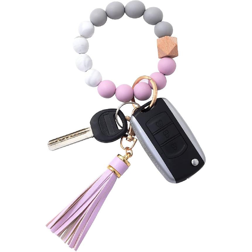 BAOSIWA Silicone Beaded Bracelet Keychain Wristlet Key Ring Bangle Chains for Women with Leather Tassel