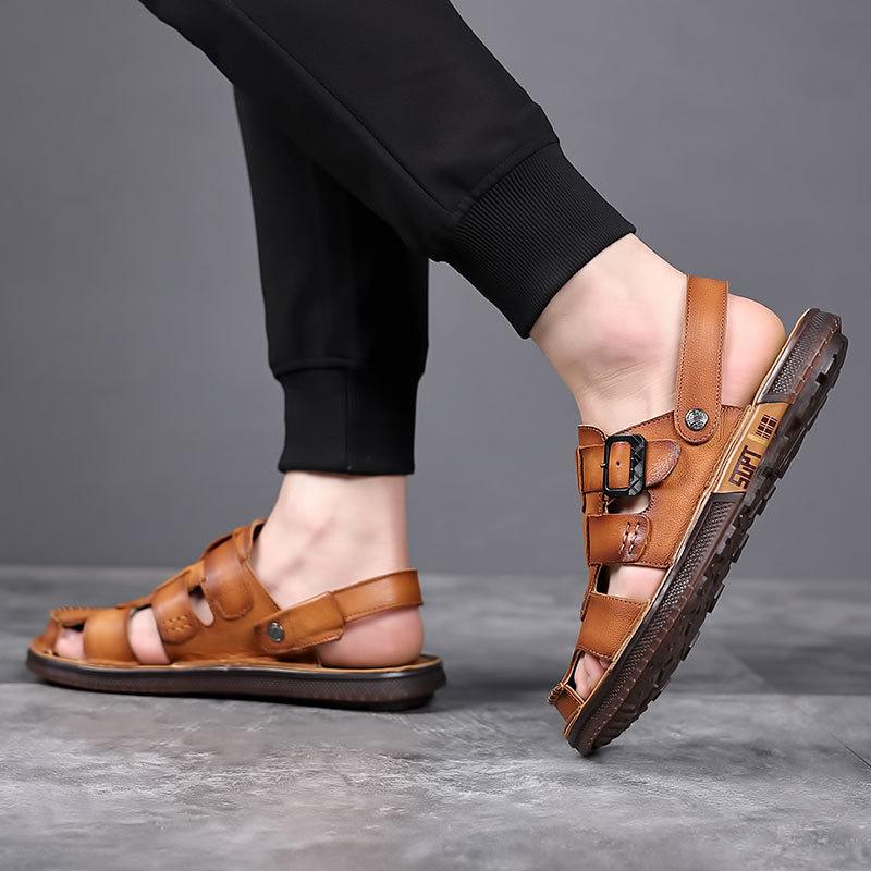 Sandals summer men's leather bag head sandals men's wear dual-purpose non-slip cowhide beach shoes men's slippers can drive