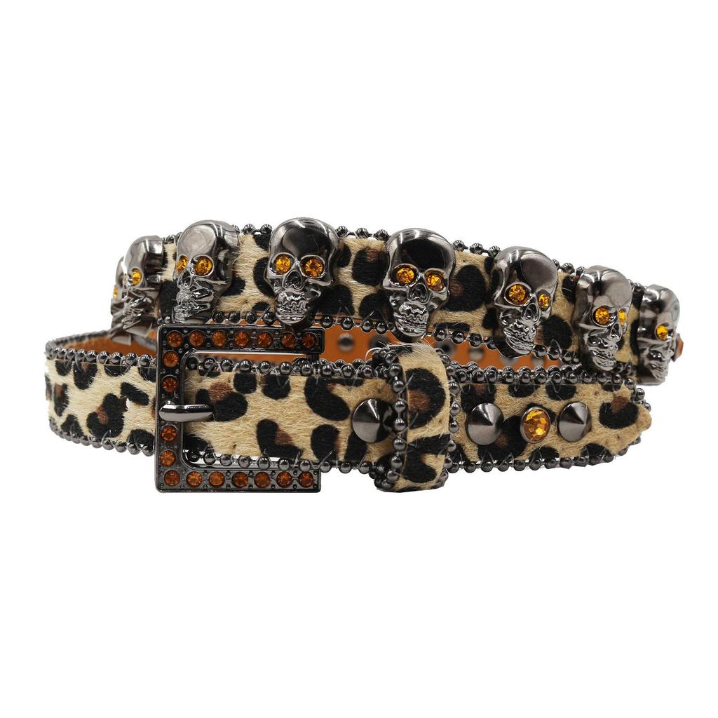 Leopard Print Women's Belt with Skull Design and Rhinestone Pin Buckle - Hip Hop Nightclub Style