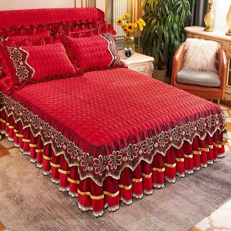 Europäische Luxus Tagesdecken Königin König Größe Prinzessin Kristall Samt Königin Bettwäsche Set Spitze Bett Rock Verdickt Warme Bettdecke