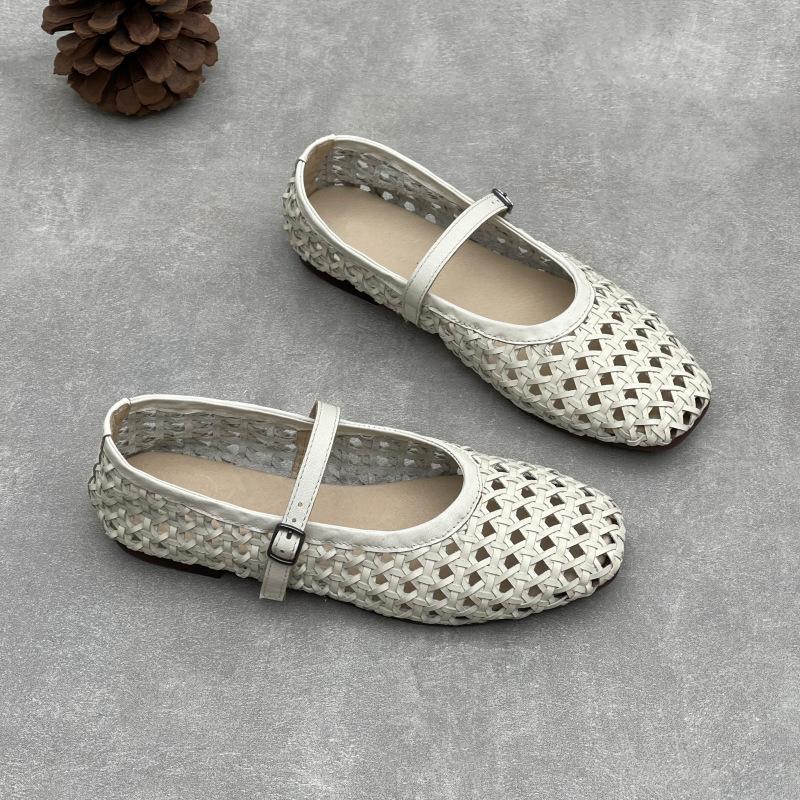 Johnature Handmade Cowhide Woven Hollow Women's Shoes Breathable Comfortable Genuine Leather Flat Sandals