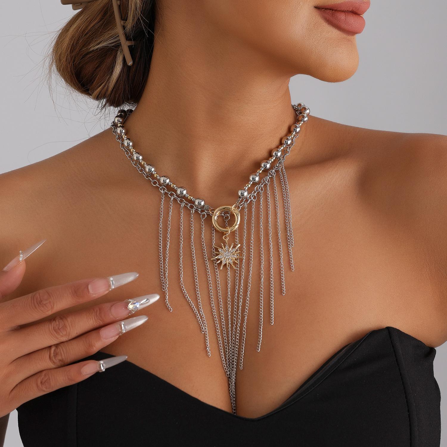 Geometric Beaded Sunflower Fringe Necklace One Size