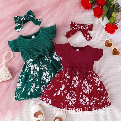 Vestito estivo a manica corta a farfalla per bambina, stile europeo e americano, con foulard - Set due pezzi patchwork